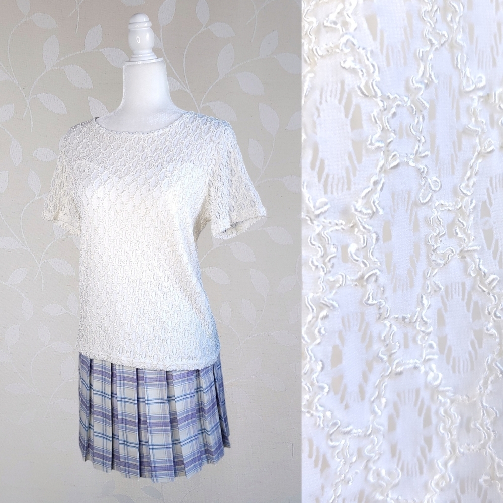 Vintage Coquette Lace Top – 90s Sheer Sweetheart Blouse Cream Plus Size Lia